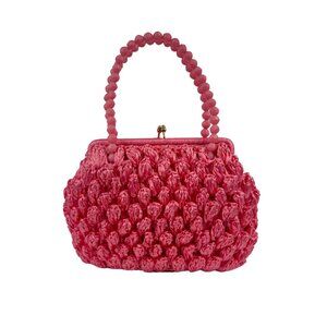 Pink Straw Handbag with Beaded Handle